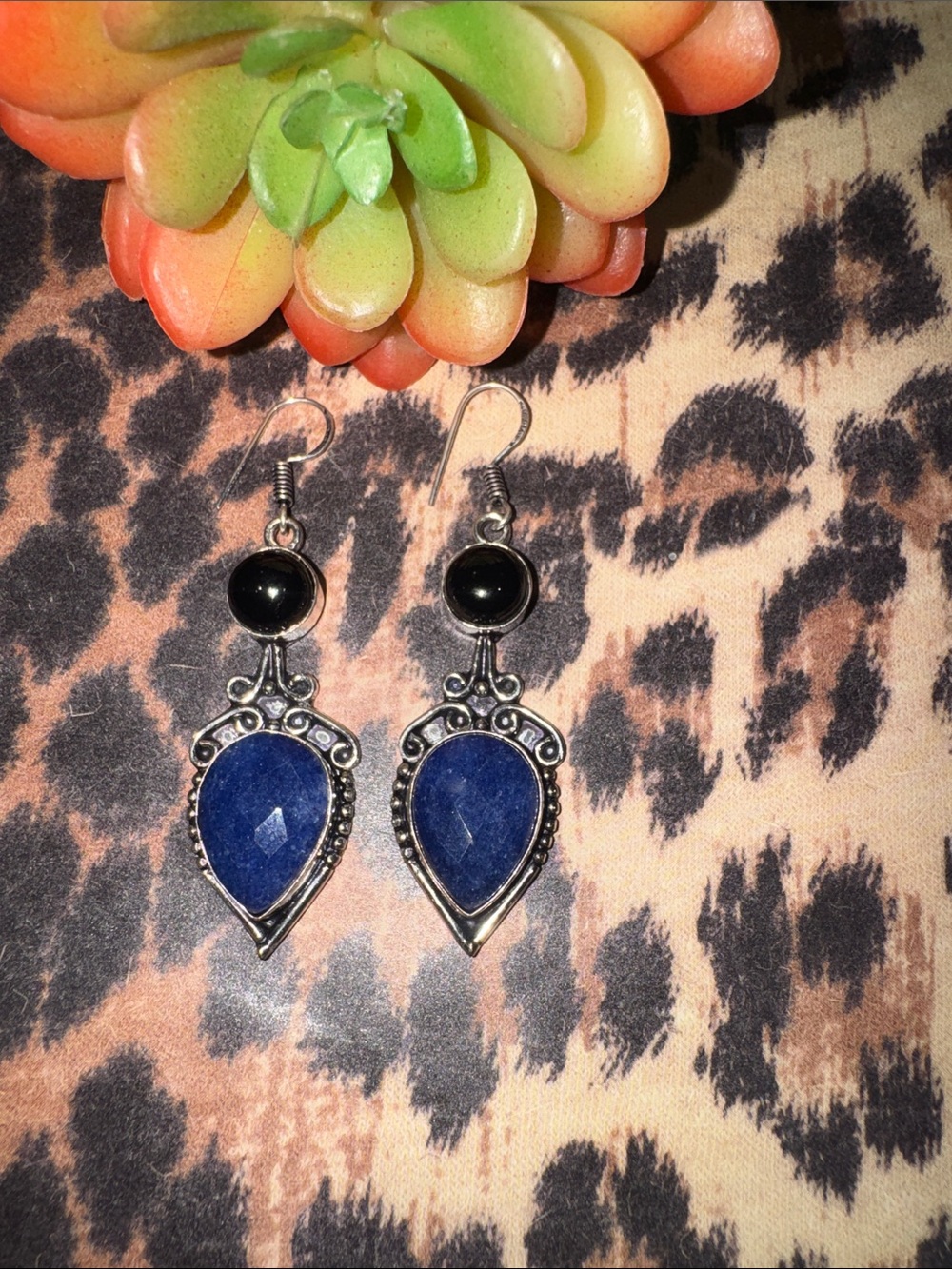 Sapphire & Onyx Silver Earrings